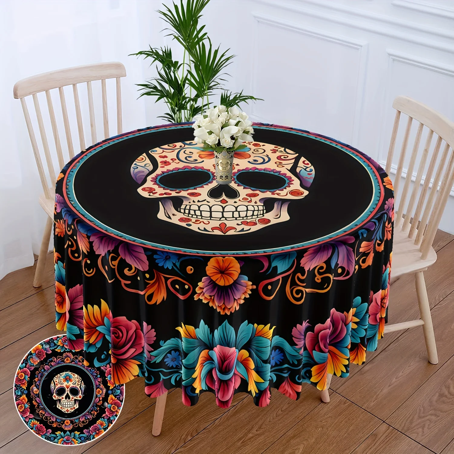 VIKAMA Multicoloured Wreath Skull Round Tablecloth Patio Table Halloween Style Backyard BBQ Picnic Mats Home Decoration