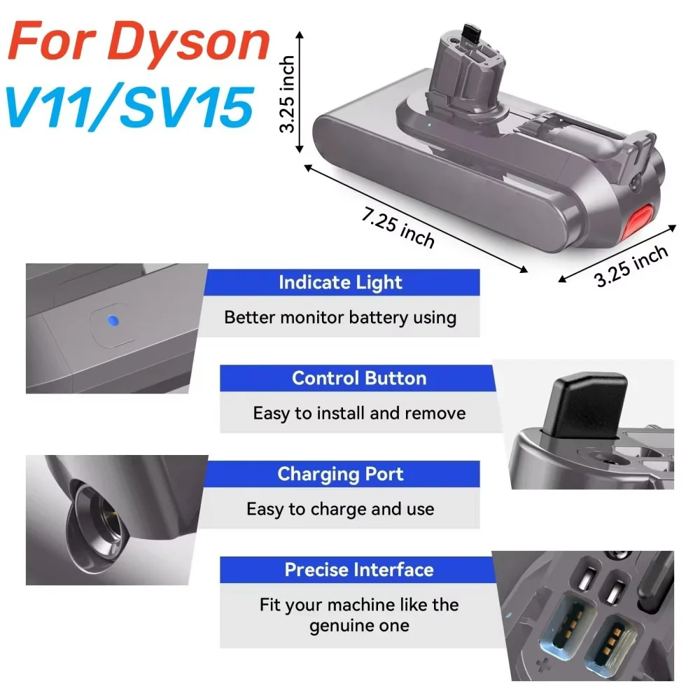 Rechargeable 25.2V 6.0Ah Click-in Battery Pack for Dyson V11 SV15 SV16 SV17 SV22 SV28  Handheld Vacuum Cleaner Replacement Parts