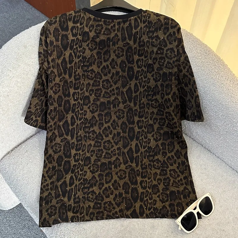 2025 Summer New Fashion Leopard Print Diamond Drills Short-sleeved T-shirt Set Loose Casual Top And Shorts Two-pieces Suit Women