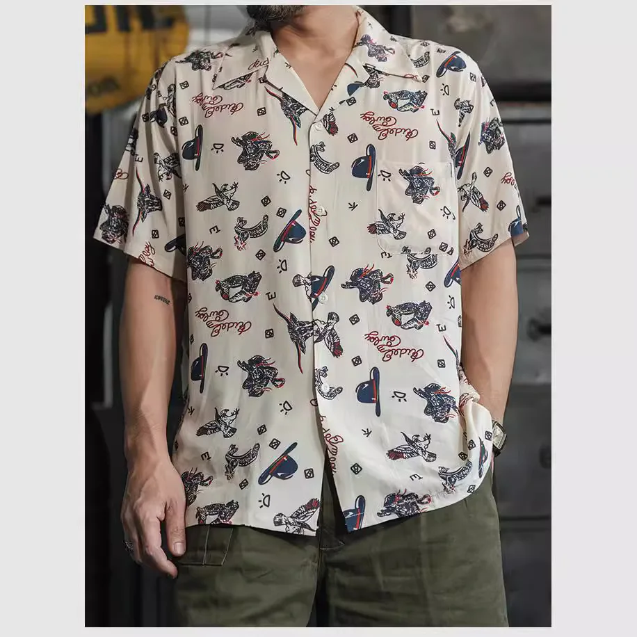 Non_Stock Western cowboy pattern rayon Cuban collar Hawaiian short-sleeved shirt