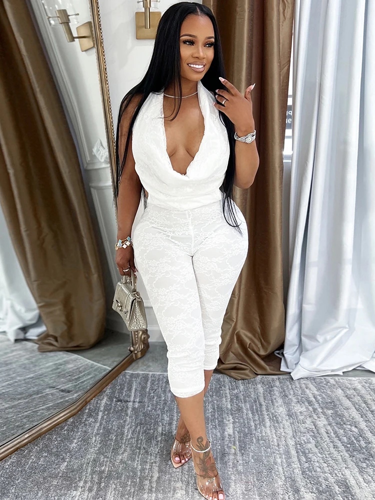 Macheda メッシュパッチワークロンパース女性ホルタースイング襟レースアップ背中の開いたミッドナイトセクシーなヒップスタークラブパーティークラシックロンパース