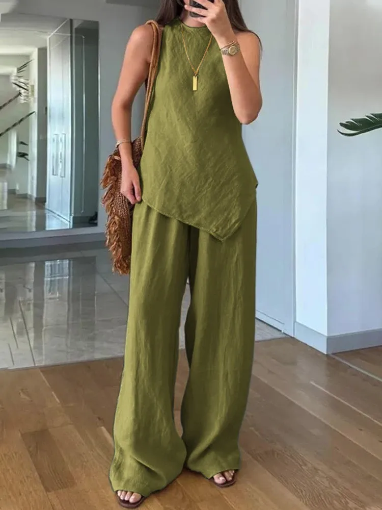 Summer Cotton Linen Loose 2 Piece Sets Women's Solid Irregular Hem Top Outfit Casual Sleeveless O-neck Top Wide Leg Pants Set