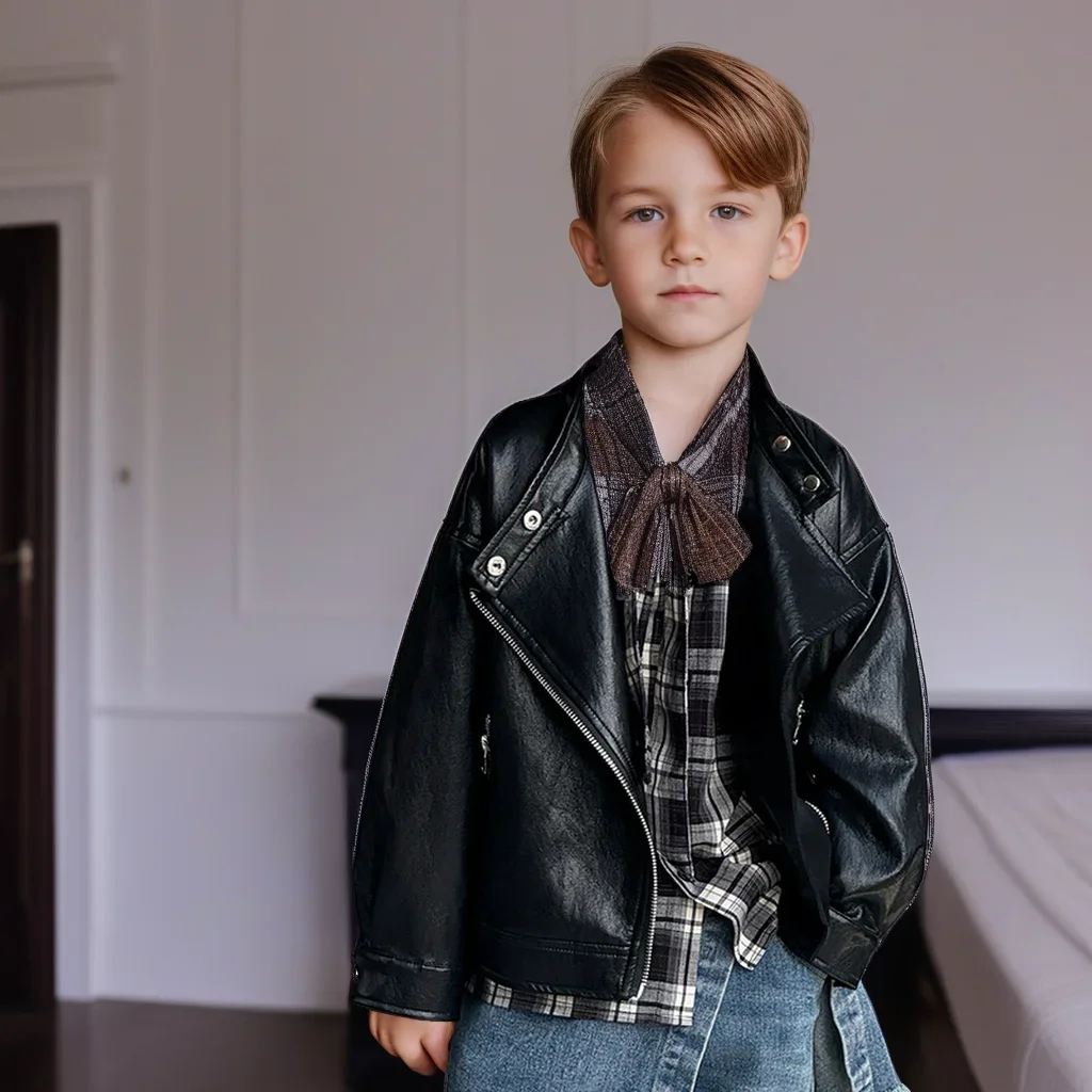 

Байкерская куртка из искусственной кожи для мальчиков-подростков, повседневная крутая уличная одежда, осеннее школьное кожаное пальто с воротником-стойкой, универсальная детская верхняя одежда