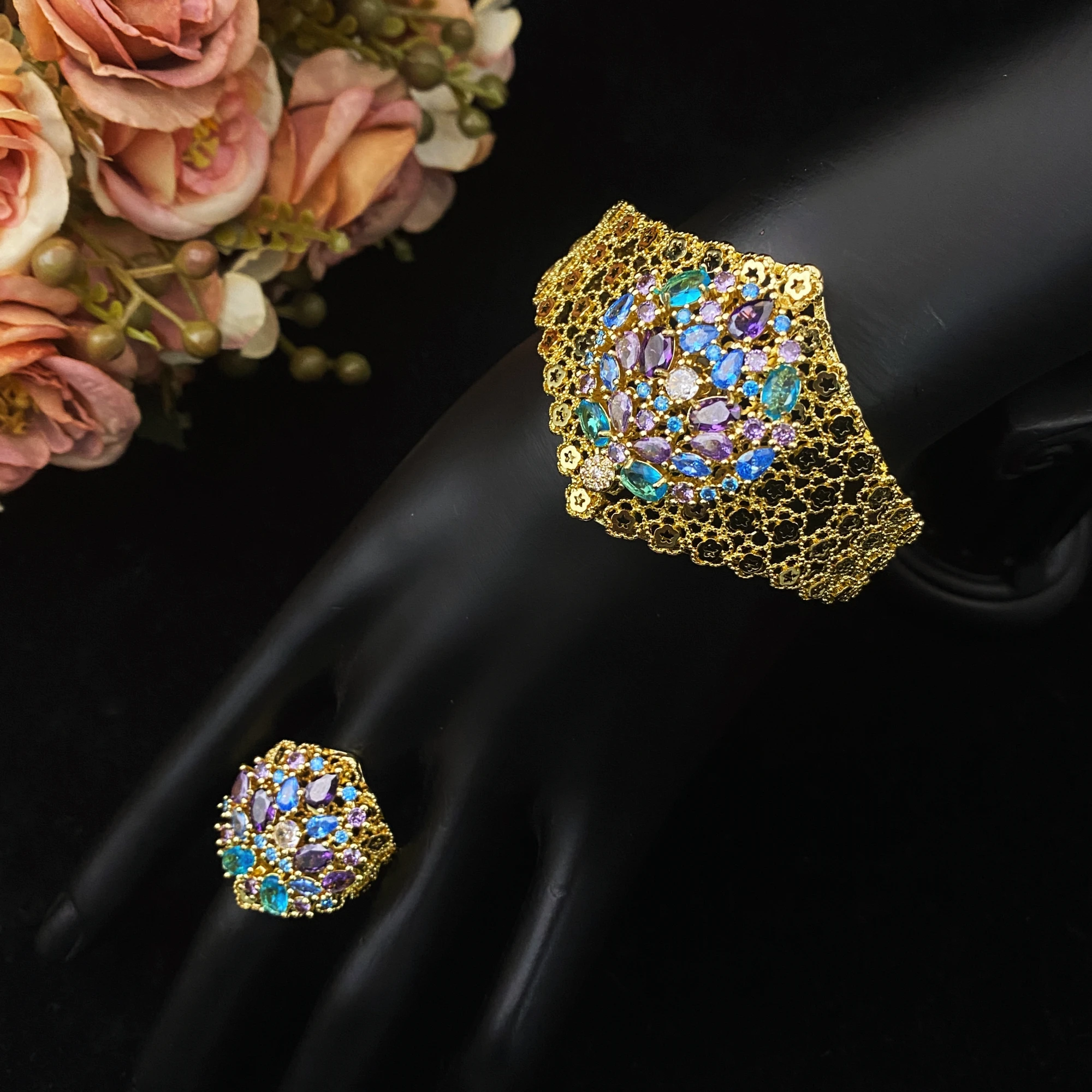 JRH Elegant Style Women's Jewelry Set Gold Plated Copper with Colorful Zircon 4Pcs Open Bracelet And Ring