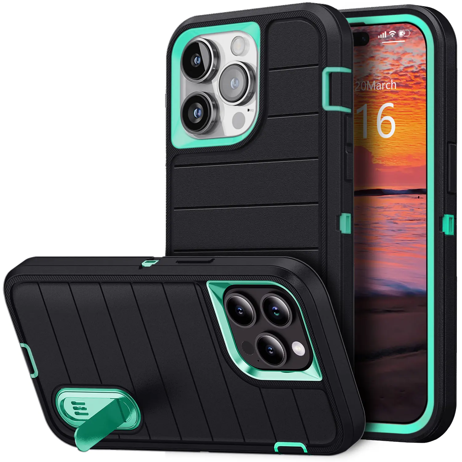

Для iPhone 14/iPhone 14 Plus/iPhone 14 Pro/iPhone 14 Pro Max чехол 3-слойный сверхпрочный защитный чехол-подставка черный зеленый