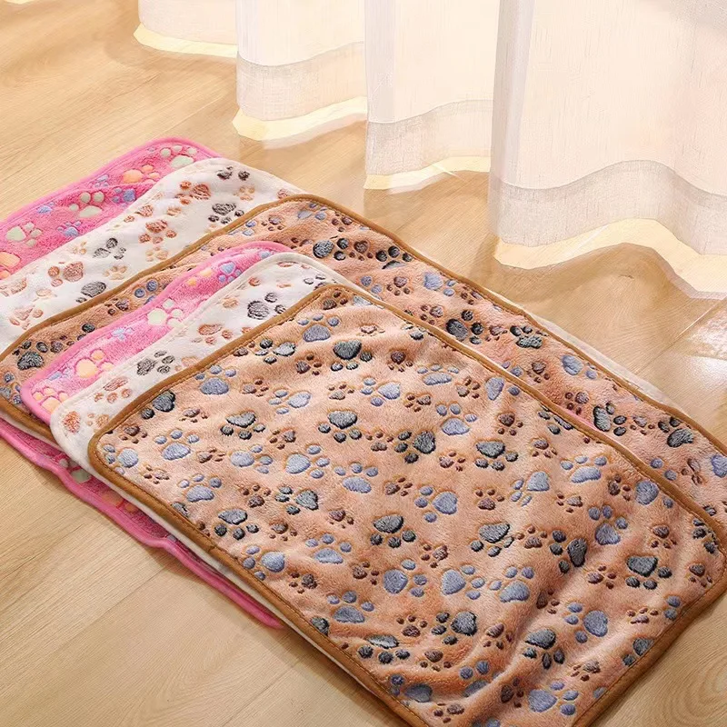 Warm Soft Coral Fleece Pet Blanket Cute Paw Print Dog Cat Bed Mat For Cold Fall Winter Multiple Colors Sizes For All Indoor Pets