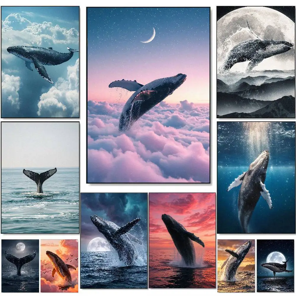 Ocean Whale Art Poster, Marine Animal Whale Jumping Out Of Sea  Sunset Moon Cloud Sky Seascape Landscape Living Room Decor