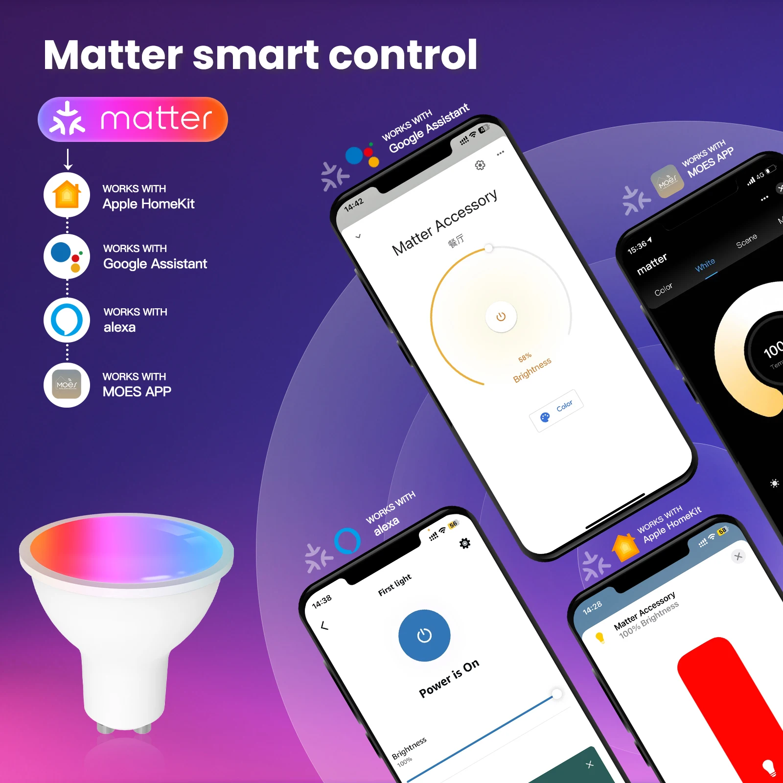 MOES  Matter WiFi GU10 Tuya Smart Bulb Dimmable Led Light 16 Million RGB C+W Colors Candle Lamp Voice Control Alexa Google Home