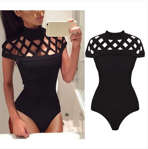 Sexy Ladies Women Short Sleeve Turtleneck Black Hollow  Slim Fit Skinny Bodysuits Fashion Stretch Leotard