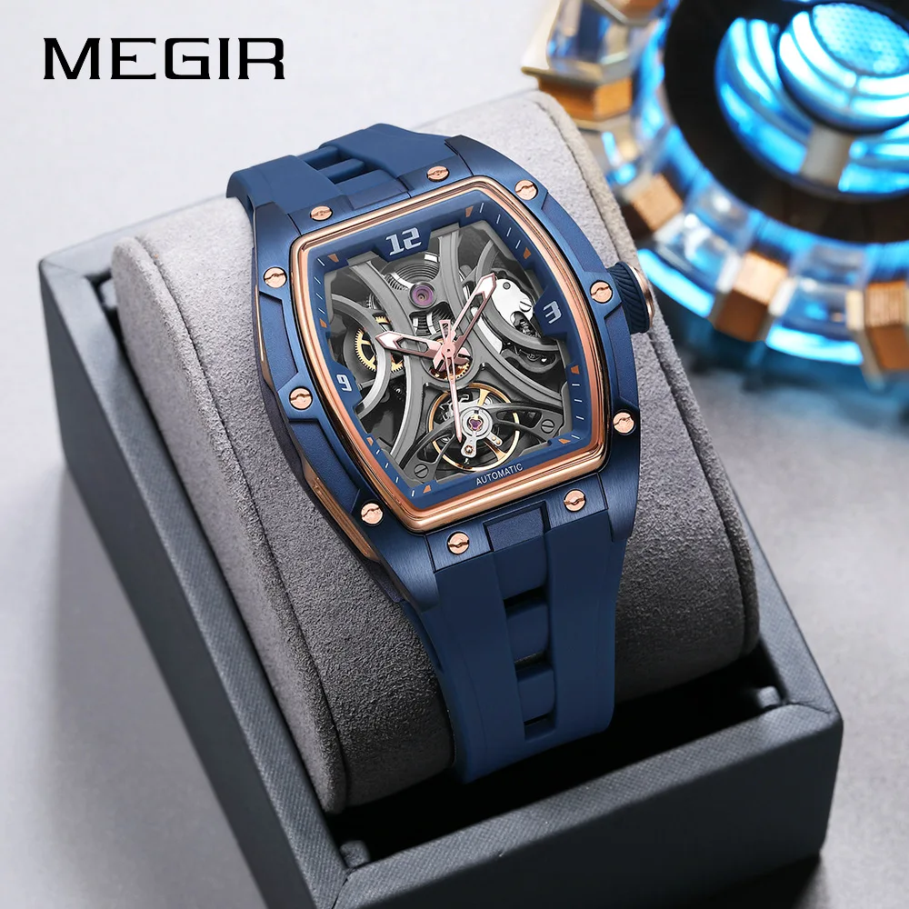 MEGIR Sports Style Automatic Mechanical Watch for Men Full Hollow Transparent Dial Design Stainless Steel Case Silicone Strap