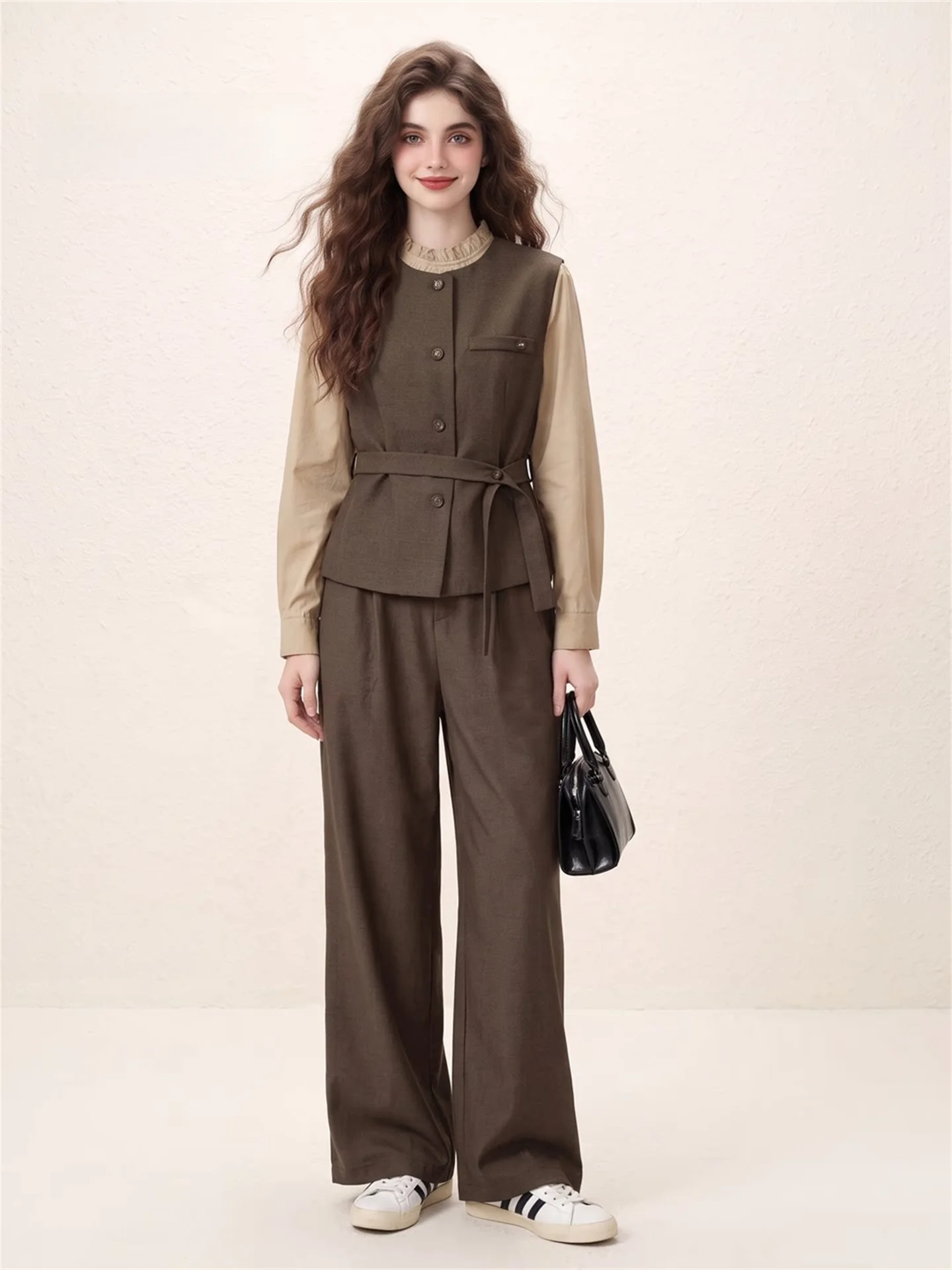 Morin Elegant Waist-Cinching Shirt And Wide Leg Pants Set with Wood Grain  for Women Autumn 2026 New Three-piece Set