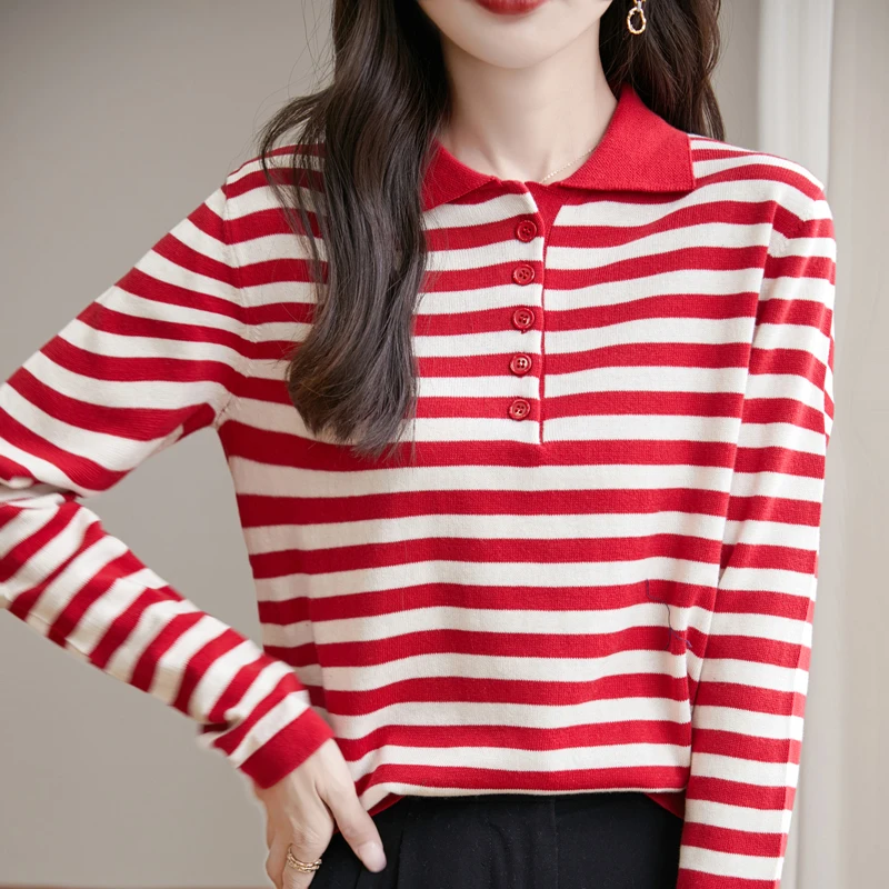 Women 100% Cotton Striped Sweater Polo Collar Pullover Casual Color Blocking Knitwear Long Sleeve Spring Autumn Clothing Tops