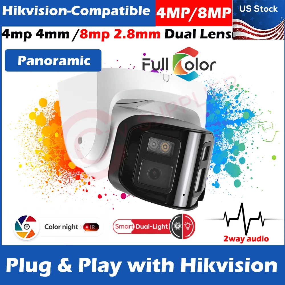 HIK-COMPATIBLE Onvif Panoramic Turret (8MP 2.8MM+4MP 4MM) Dual Lens Built in MIC Speaker PoE Color Night +IR IP Camera