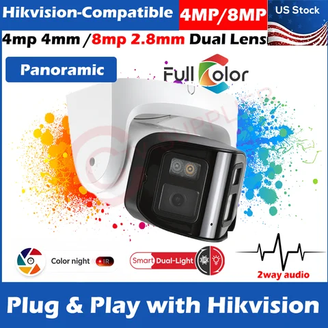 HIK-COMPATIBLE Onvif Panoramic Turret (8MP 2.8MM+4MP 4MM) Dual Lens Built in MIC Speaker PoE Color Night +IR IP Camera
