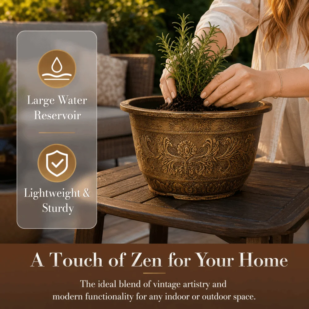Resin Lotus Planter Pot Large 4.5L-31L Capacity Water Reservoir Planter Copper Bronze Deepened Retro Flower Pot Indoor Use