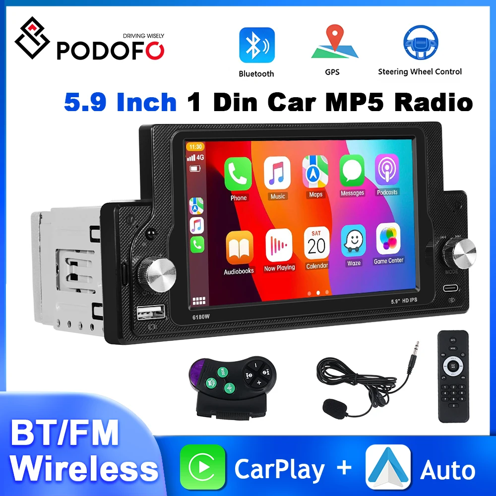 Podofo 1Din MP5 Player with Knob Wireless Carplay Android Auto Multimedia Player Mirror Link EQ FM USB & TYPE-C 5.9'' Car Stereo