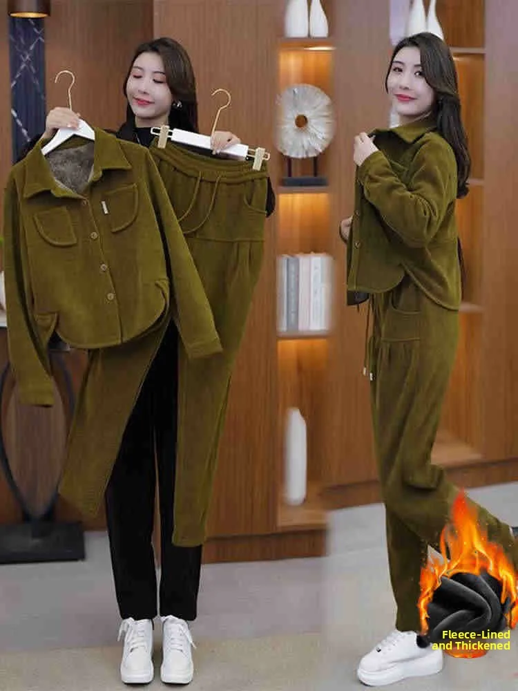 

Fashionable Casual Fleece Lined Loose Thickened Sportswear Two-Piece Set for Women Autumn Winter New Style Korean Version