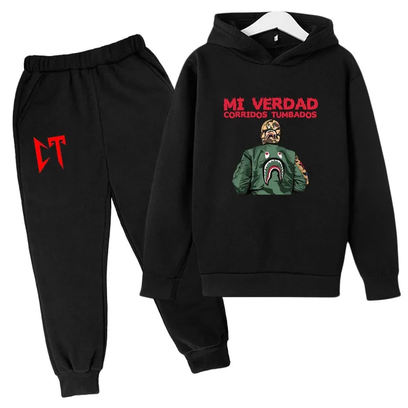 Kids Spring Autumn Corridos Tumbados Print Pullover Hoodie+Pants 2pcs Tracksuits 2-13Year Boys Girls Casual Outfits Clothes Sets