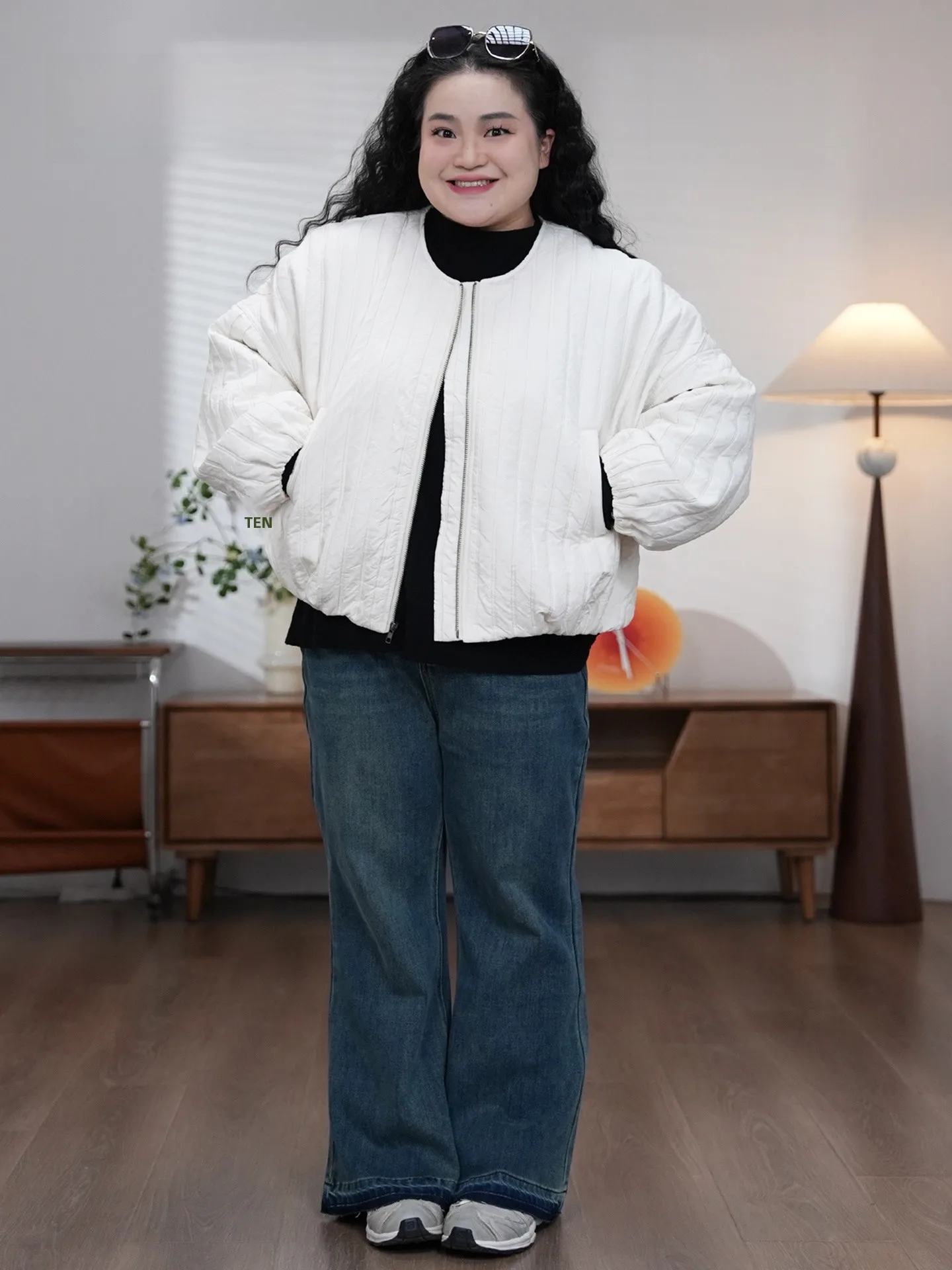 

Fun Bojie Autumn Winter plus Size Women's Casual Sle Polyester Cotton Blend Warm ort Coat White round Ne Spring Jaet