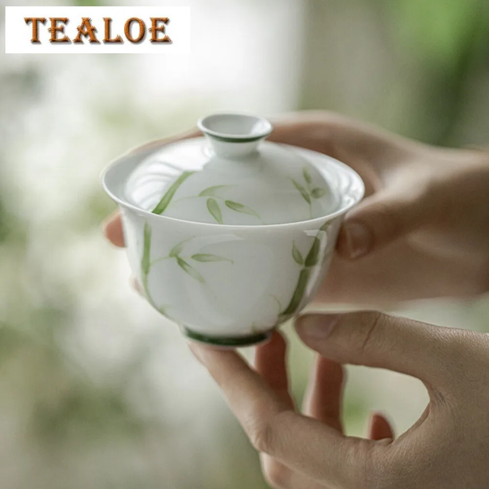 

130ml Jade Mud Handmade Cover Bowl Household Hand-painted Green Bamboo Gaiwan Luxury Anti Scald Tea Tureen Tea Making Craft Gift