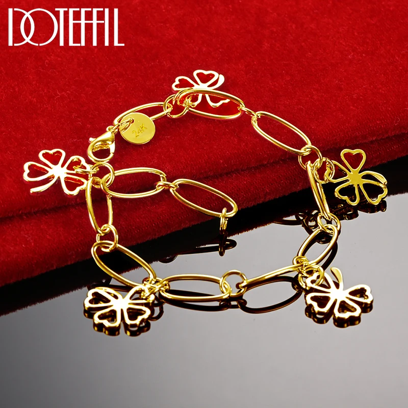 DOTEFFIL 18K Gold 925 Sterling Silver Five Flowers Bracelet Chain For Women Fashion Charm Wedding Engagement Party Jewelry