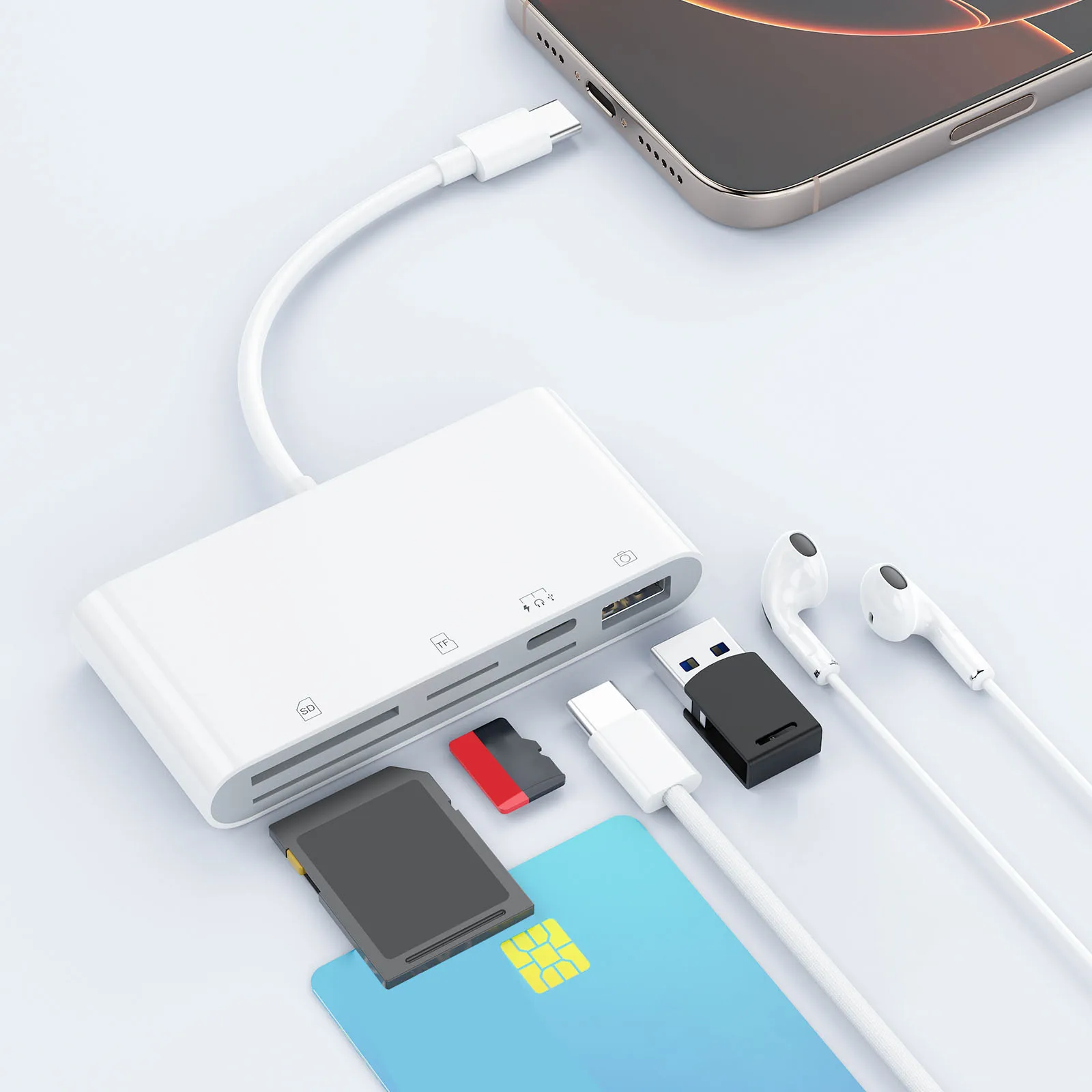 

5-in-1 USB C Card Reader Adapter with SD/TF/Smart Cards Slot/OTG/Type-C Digital Trail Camera Card Viewer Memory Reader Adapter