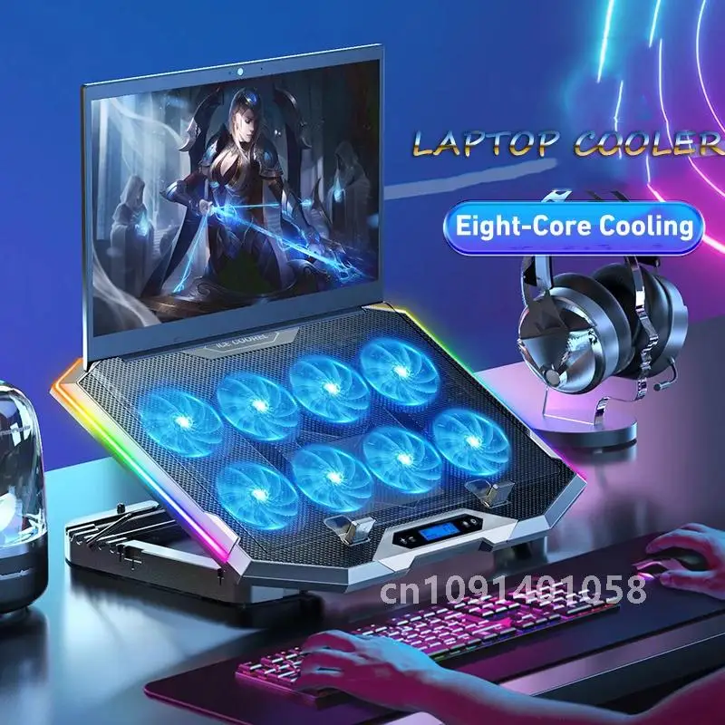 ICE COOREL Gaming Laptop Cooler 8 Fans 2 USB Ports With RGB Light HD Display Laptop Cooling Pad Adjustable Notebook Cooler Stand