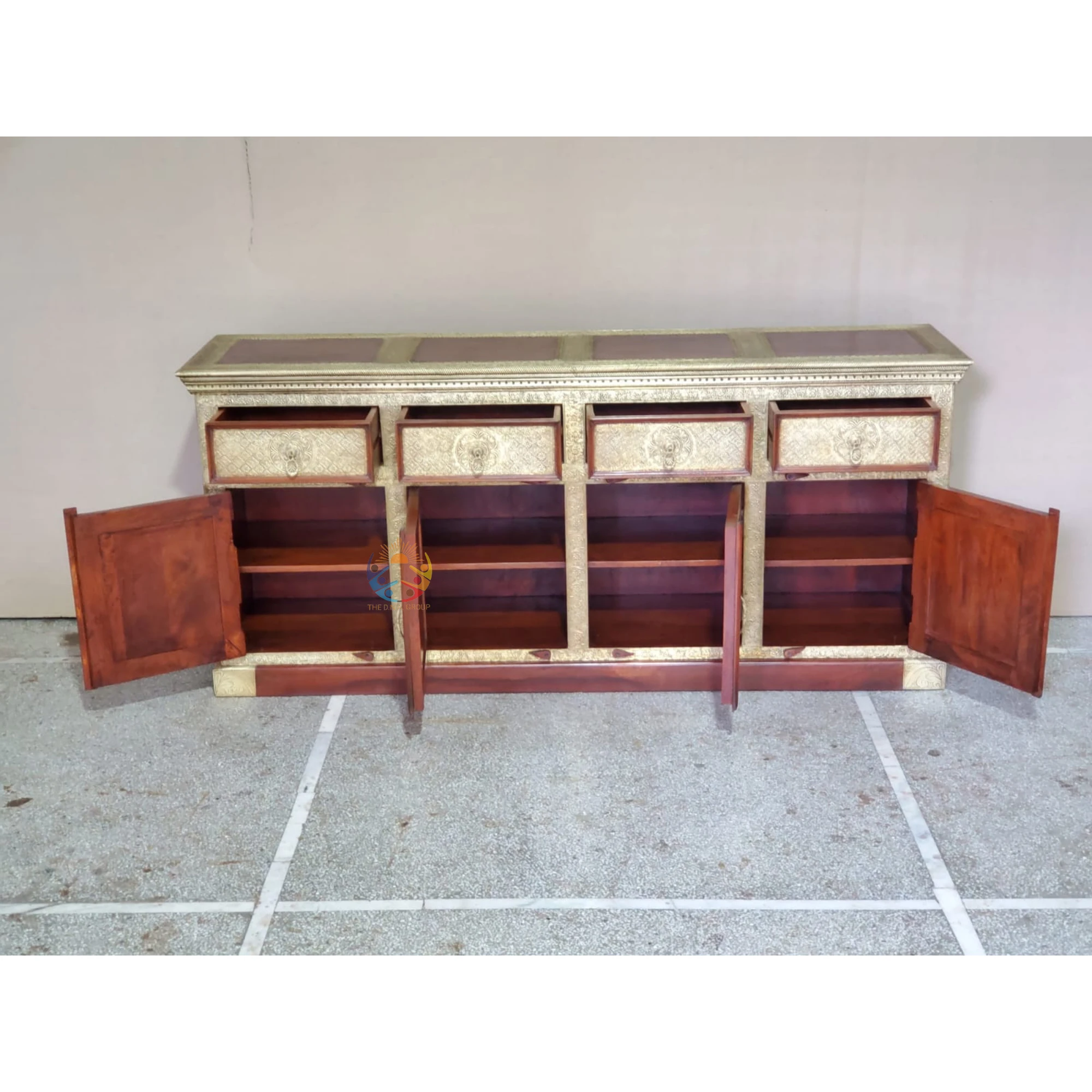 Handmade wooden console cabinet Brass embossed decorative sideboard