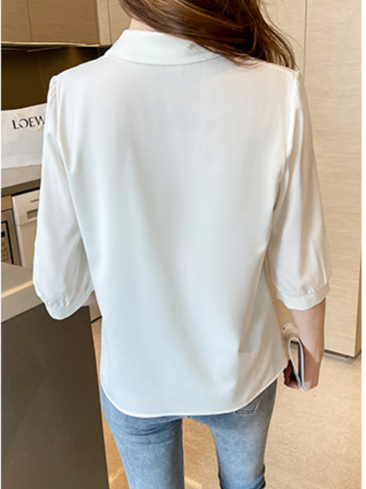 Silk Women Shirt Three Quarter Sleeve Blouses for Women Satin Blouses and Shirts Summer Fashion Women Clothing White Women Tops