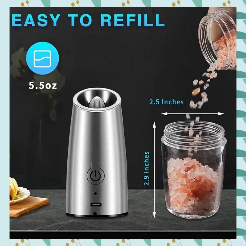 

A71P 2PCS Electric Salt And Pepper Grinder Set USB Rechargeable Pepper Mills With LED Light Automatic Spice Grinders Stainless S