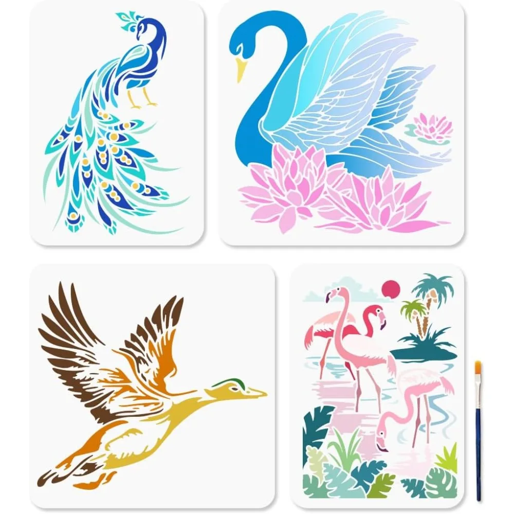

4Pcs Peacock Swan Flamingo Stencil Birds Painting Stencil 11.8x11.8/11.7x8.3inch Reusable Lotus Flower Leaves Bird making kit