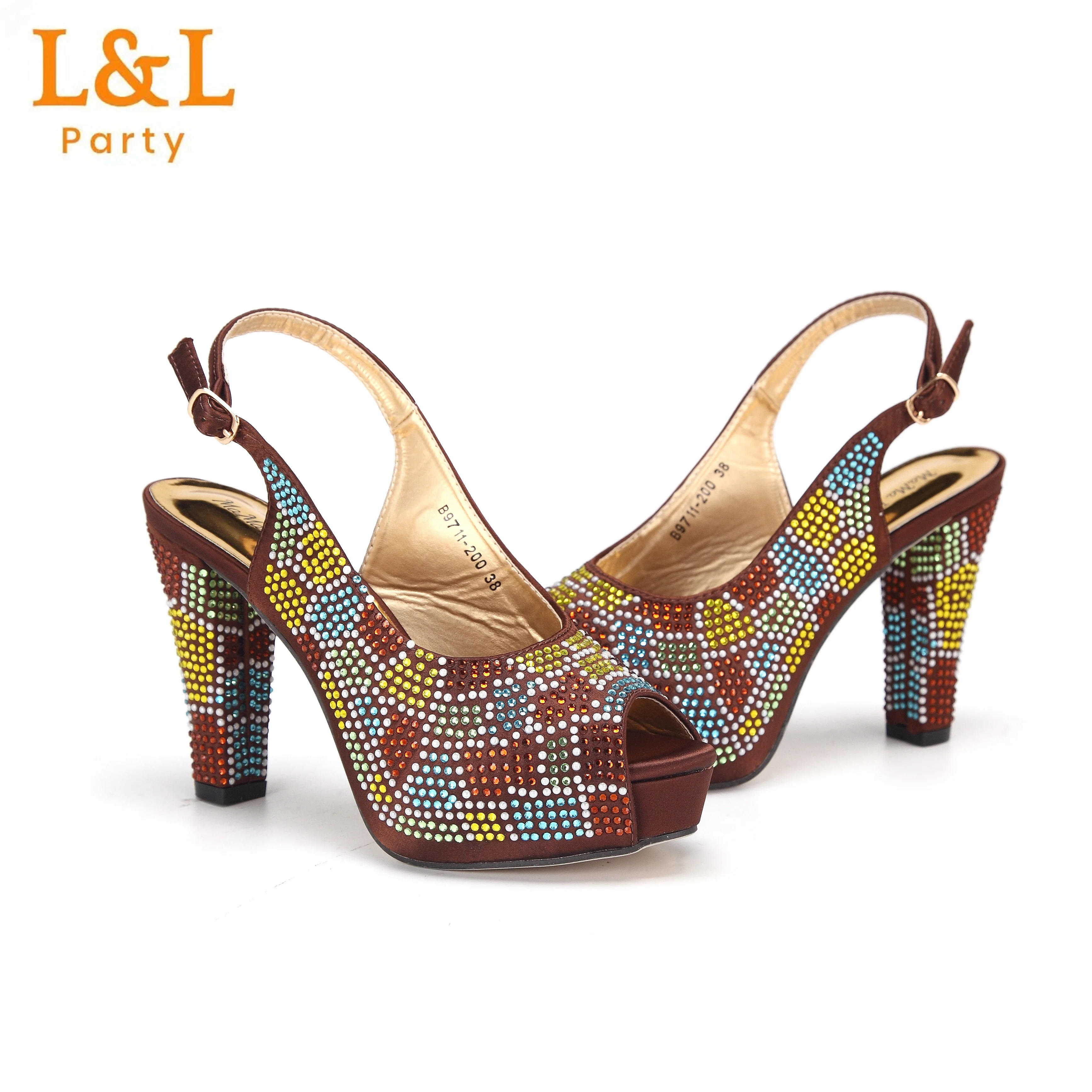 Coffee Color  New Arrivals African Women Wedding Shoes and Bag Set Super High Heel Pumps with Shinning Crystal for Party