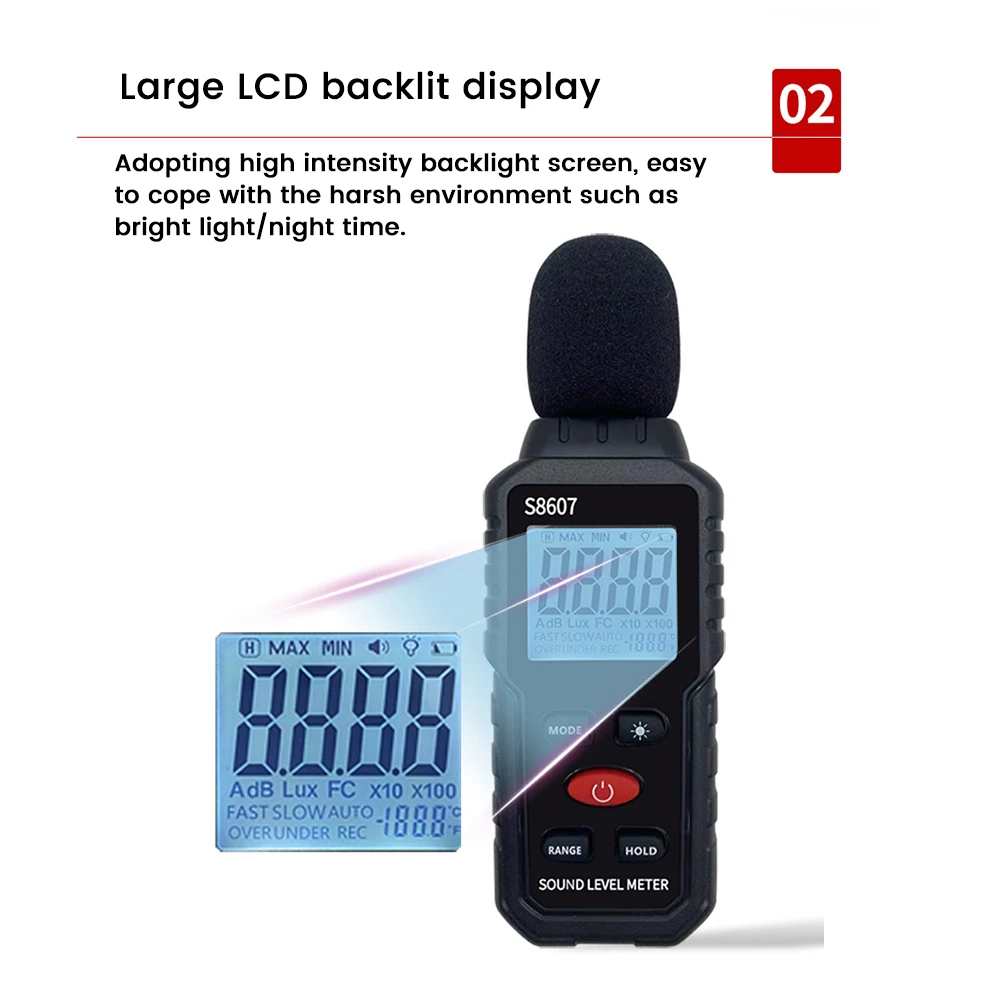 Detector de ruído doméstico com retroiluminação LCD, Medidor Decibel, Tester Volume Ambiental, S8607, 30dB, 130dB