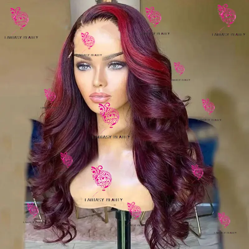 Highlights Red 99J U Part Body Wave V Part Fuchsia High Density Lace 250% Density 1 x 4 Open Lace wig 100% human Peruvian hair