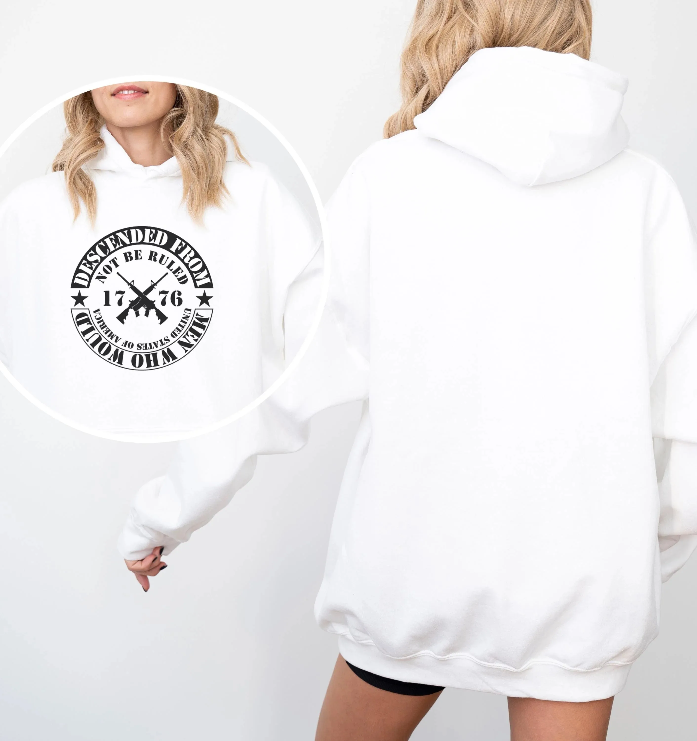 

Осенне-зимняя хлопковая толстовка с принтом «Descended From, Not Be Ruled», Express Your Spirit 1776. Хлопковая толстовка с пистолетом.