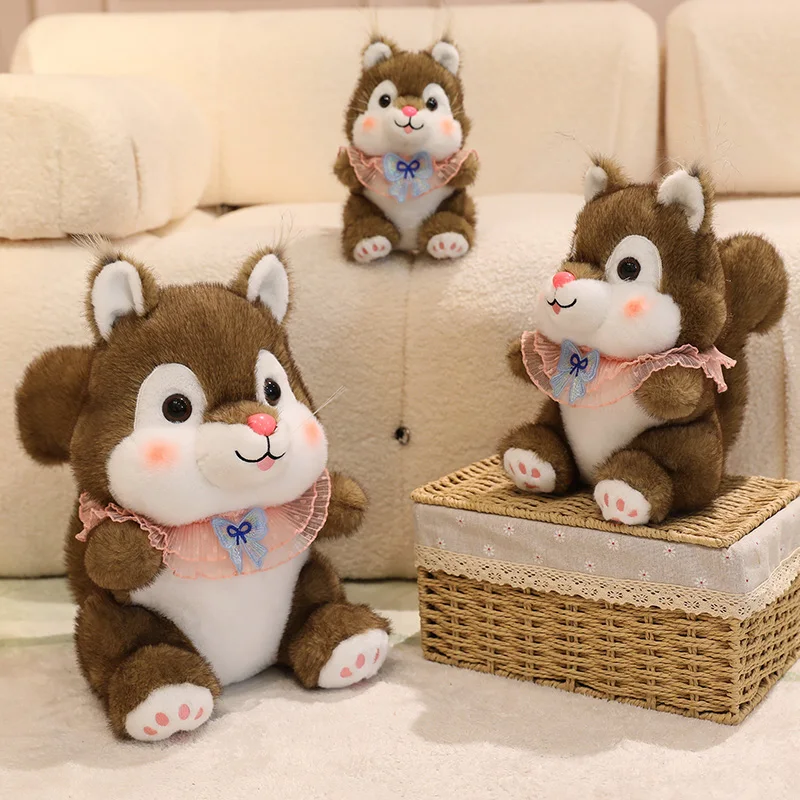 Kawaii pelziges Haar Regenschirm Schwanz Plüschtier realistisches Eichhörnchen mit Schleife süße weiche Kuscheltiere Puppenkissen für Kinder Mädchen Geschenk