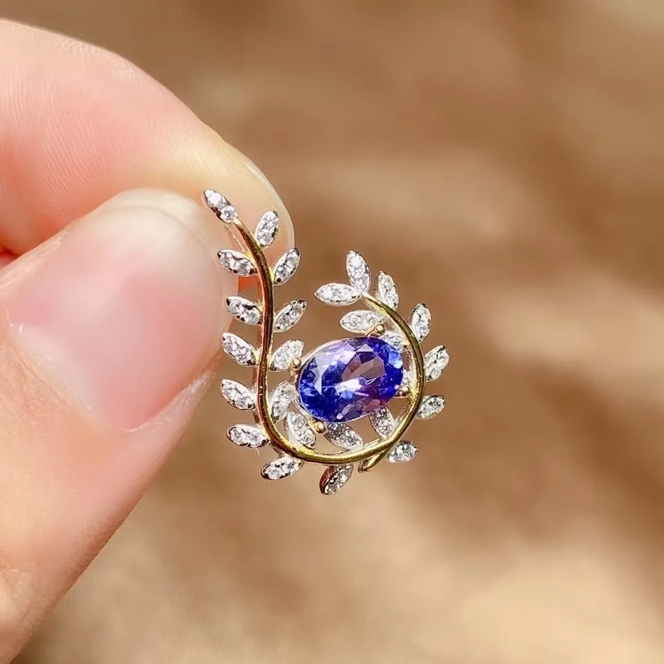 

Fashion Silver Leaf Pendant with Gemstone 5*7mm 0.7ct 100% Natural Tanzanite Pendant Solid 925 Silver Tanzanite Necklace Pendant