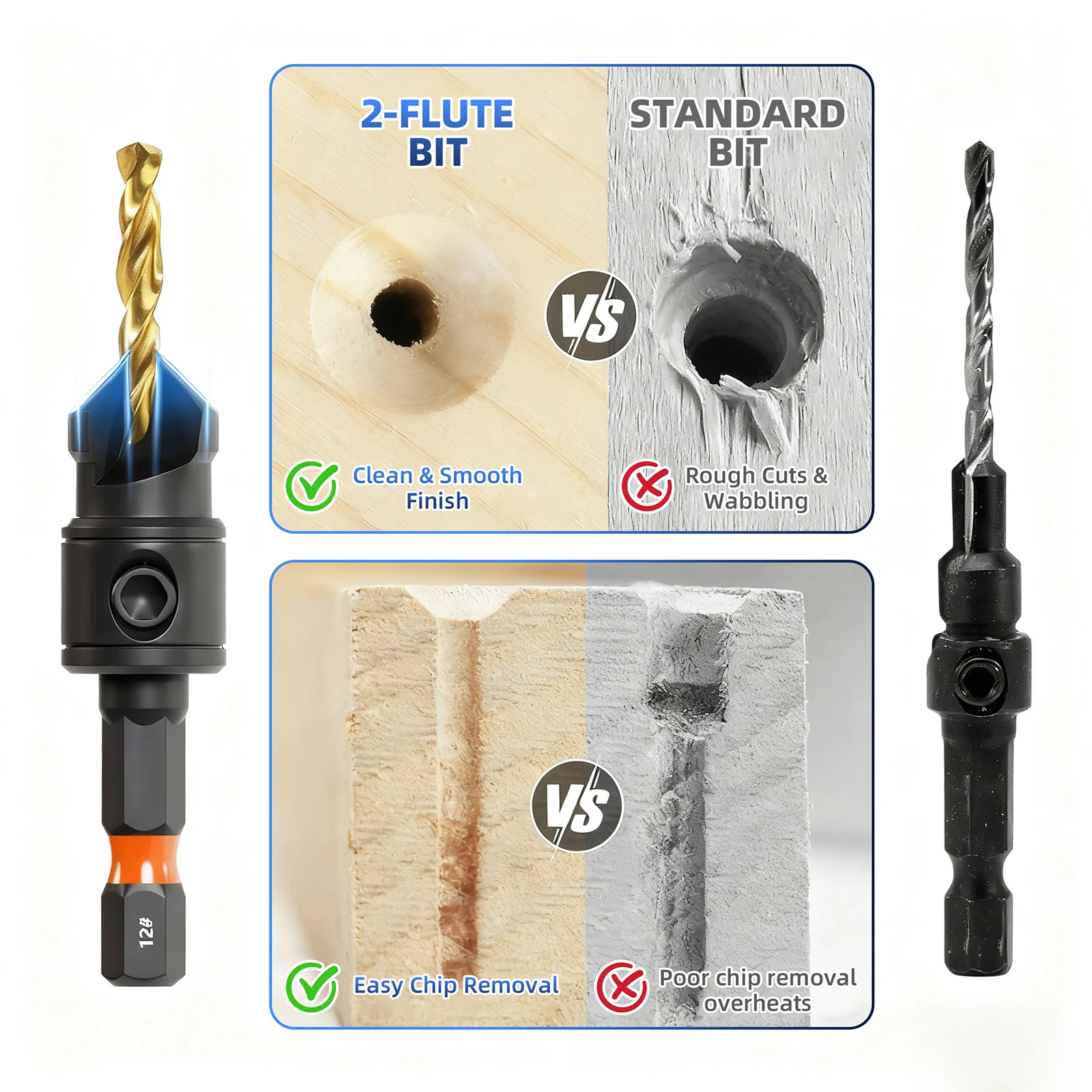 12pcs titanium-plated hex countersink set with replaceable bits, magnetic holder & L-wrench. Power drill compatible for fast