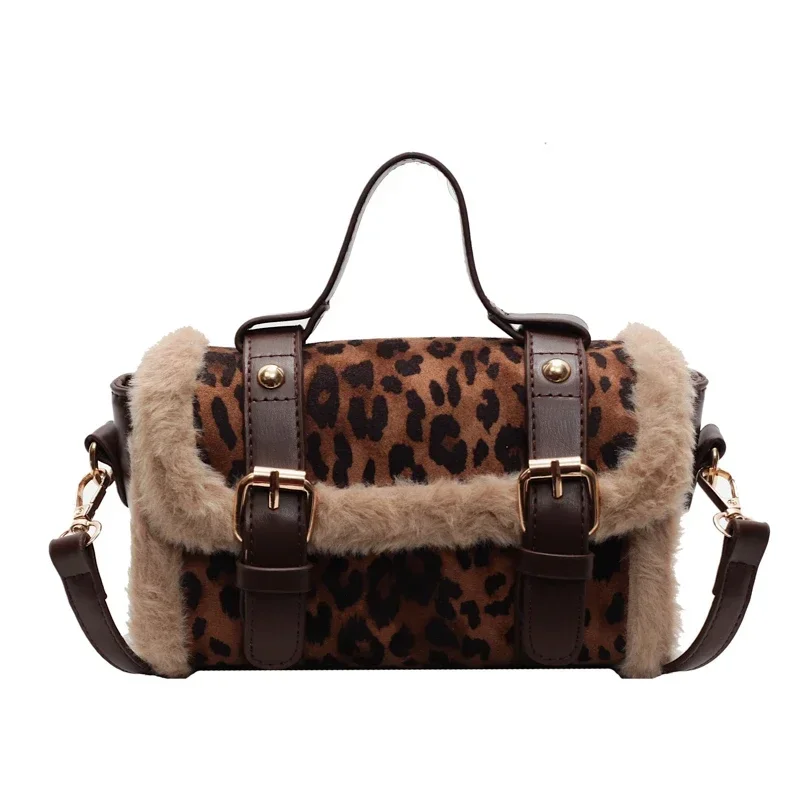 Leopard Print Lamb Plush Cambridge Bag for Women 2024 New Autumn and Winter Niche High-end Diagonal Furry Bag Sac À Bandoulière