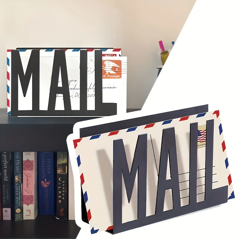 Black Metal Mail Organizer with Engraved Design Office Desk Envelope Document Rack Iron Structure for Mail Sorting Storage