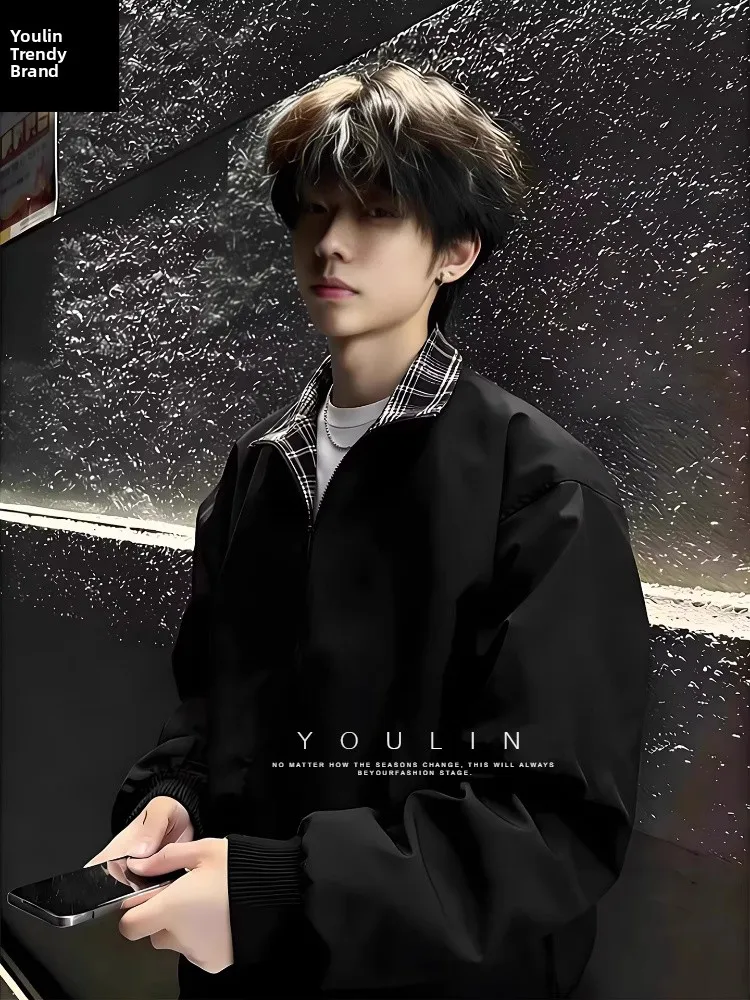 

Мужская бейсбольная куртка Bla Plaid Splicing в американском университетском стиле, весенняя, для пар, с длинными рукавами, на молнии, Cleanfit