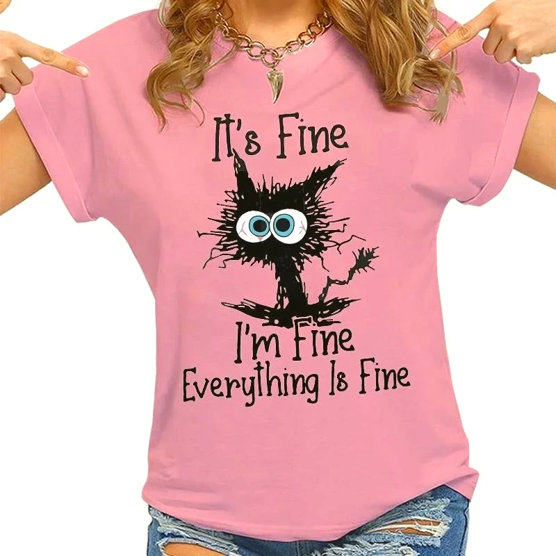 Dameskleding Kat It's Fine I'm Fine Everything Is Fine Print T-shirts Zomer Casual Mode Gepersonaliseerde Dameskleding