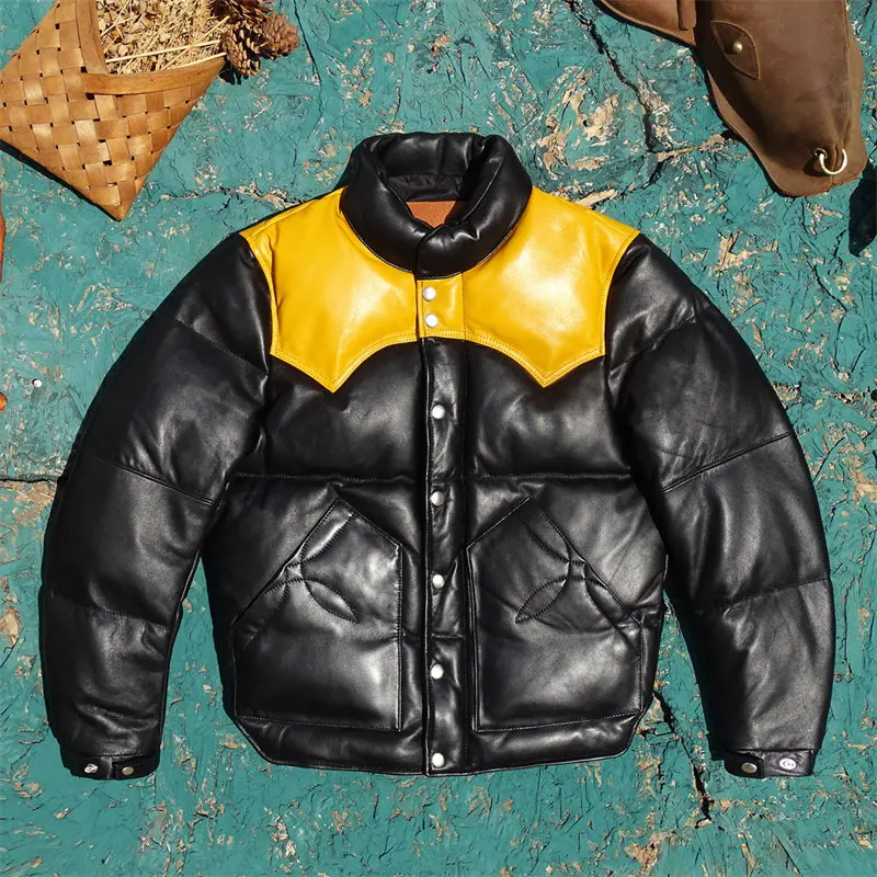 Black Winter Leather Down Jacket Men Japan Style Plus Size 4XL Genuine Natural Sheepskin Stand Collar Spliced Thick Warm Coat