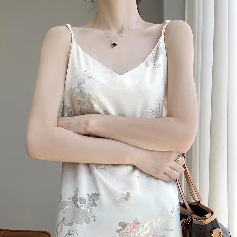 Satin Chinese Jacquard Strap French Dress 2025 Summer New Style Slimming Long Dress with Chinese Style Strap Skirt