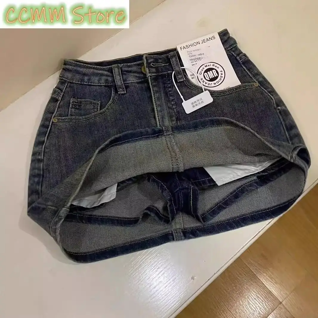 Vintage Distressed Denim Mini Dress Women's Petite High-Waisted Plus Size Versatile Loose-Fit Anti-Exposure Skirt Summer 2024 Ne