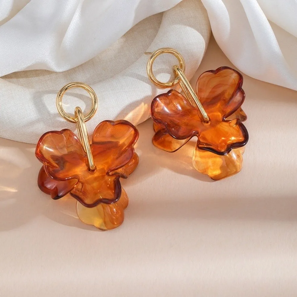1pair 316L Stainless Steel Flower Stud Earrings Acrylic Transparent Amber Color Metal Earrings Flower Dangle Earrings