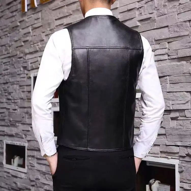 Men\'s Real Sheepskin Motorcycle Jacket, Leather Waistcoats, Large Size, Soft Black Vest, High-end Brand, Free Shipping, 2024