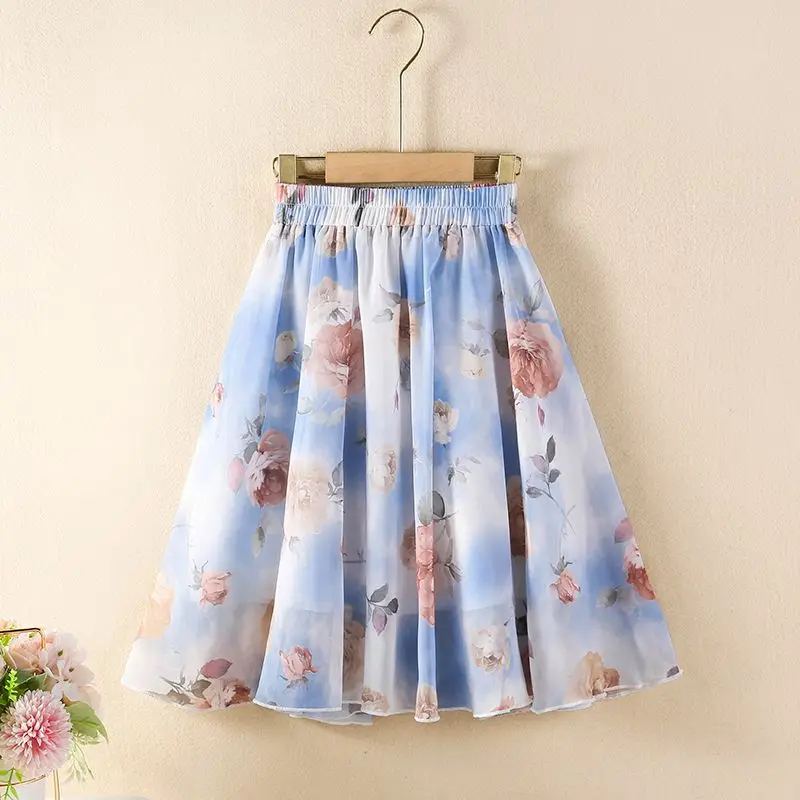 Vintage Korean Style Chiffon A Line Umbrella Skirt Summer  Over Knee Midi Dress with Princess Hem Loose Flowy Design for Women​