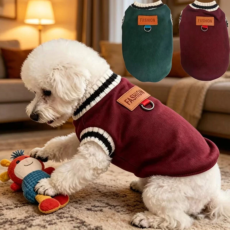Pet Dog Knitted Sweater Clothes for Small Medium Dogs Winter Warm Padded V-neck Dog School Uniform Chihuahua French Bulldog Coat
