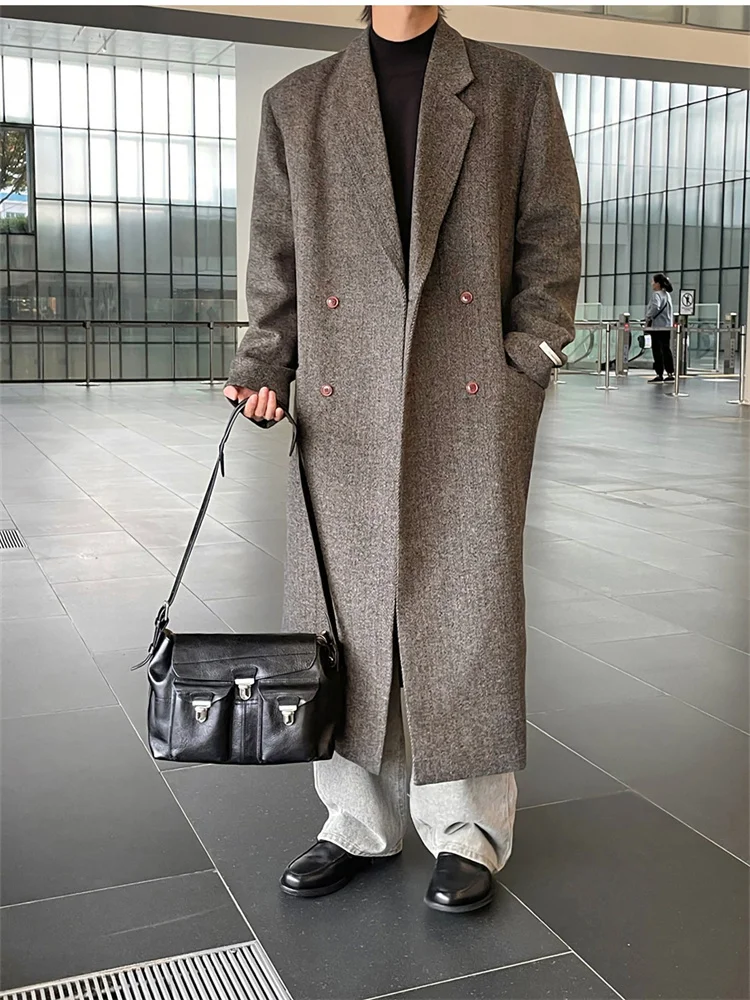 Korean Style Long Dropped Shoulder Man Suit Jackets Herringbone Double-Breasted Luxury Men's Blazer Double Slits Winter Coat New